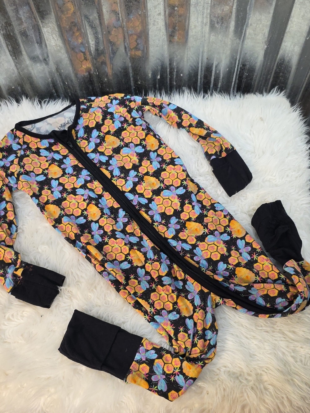 Orbital Co Floral Zip-Front Pajamas in Black and Yellow Bee Print